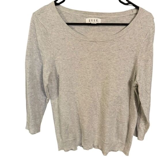 Womens Elle Size Medium Gray Sweater Faux Pearl Winter Work Business Holiday - Picture 2 of 10